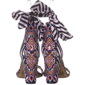 INC Elegant Satin floral embroidered and striped ankle Kanata tie heels, NWOB, 9